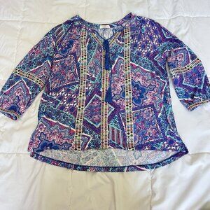 Cupio Womens Large Blue Purple Paisley 3/4 Sleeve Tie Blouse Top Casual